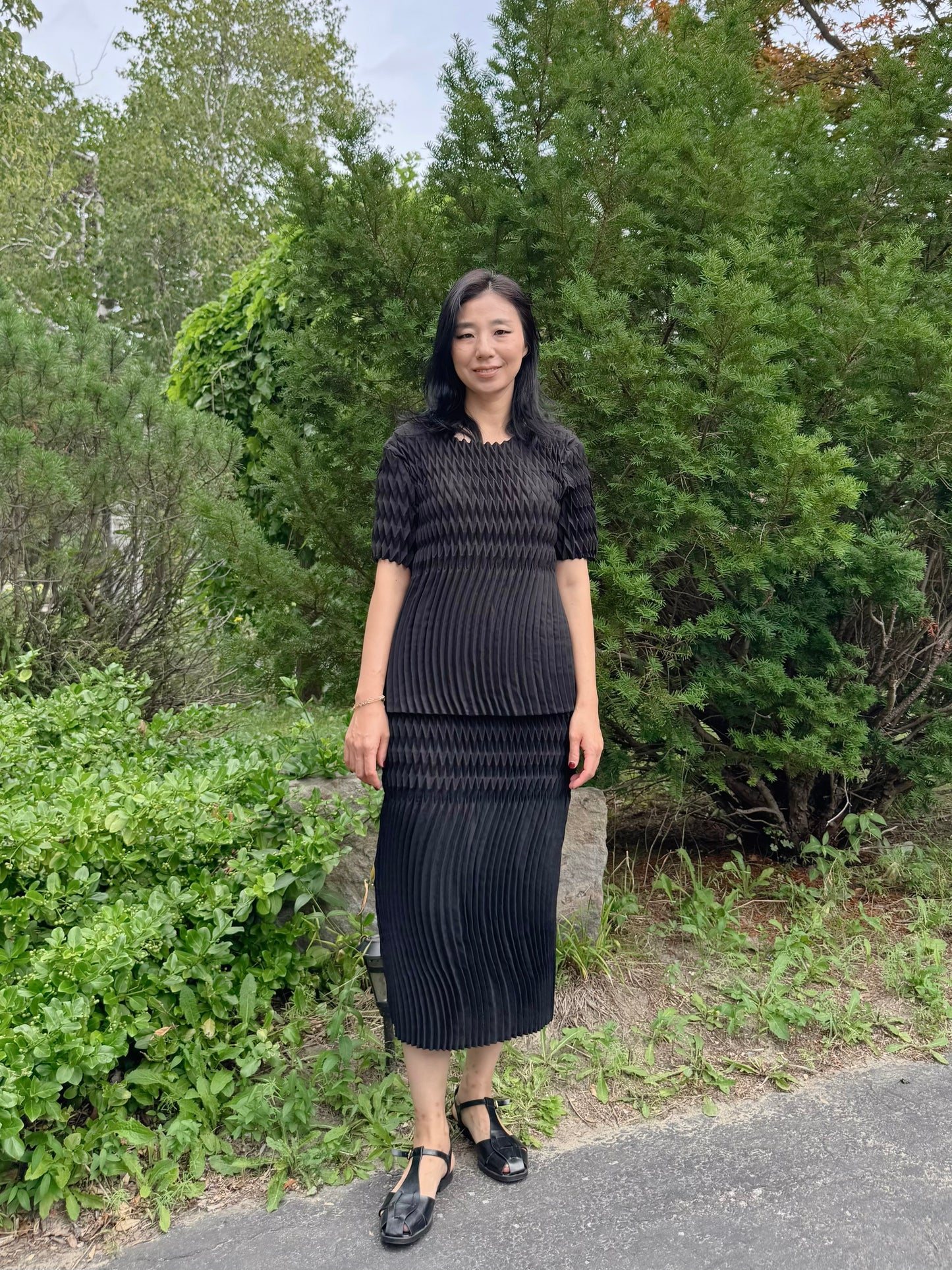Pleated Texture Two-Piece Set(black,ivory)