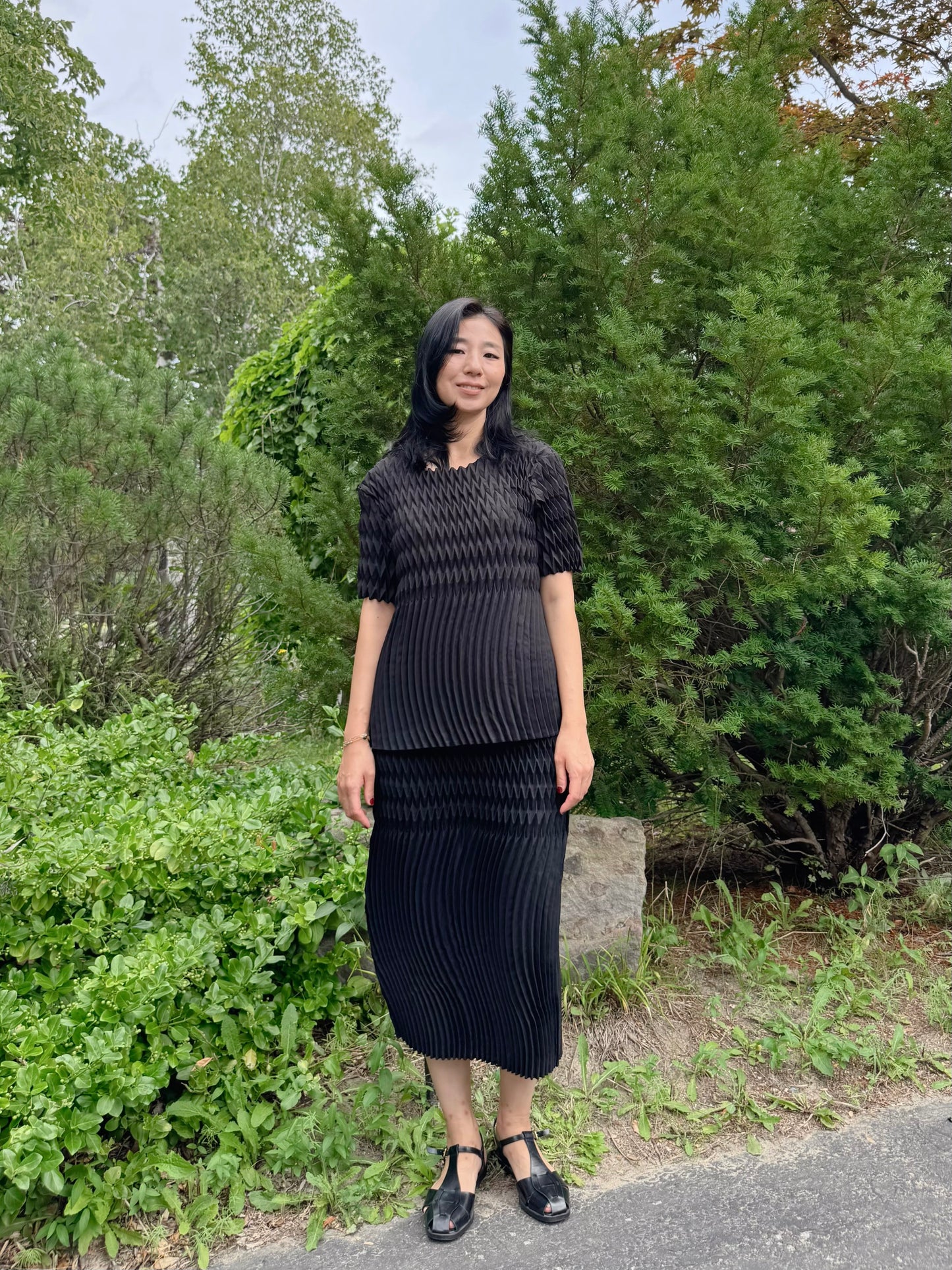 Pleated Texture Two-Piece Set(black,ivory)