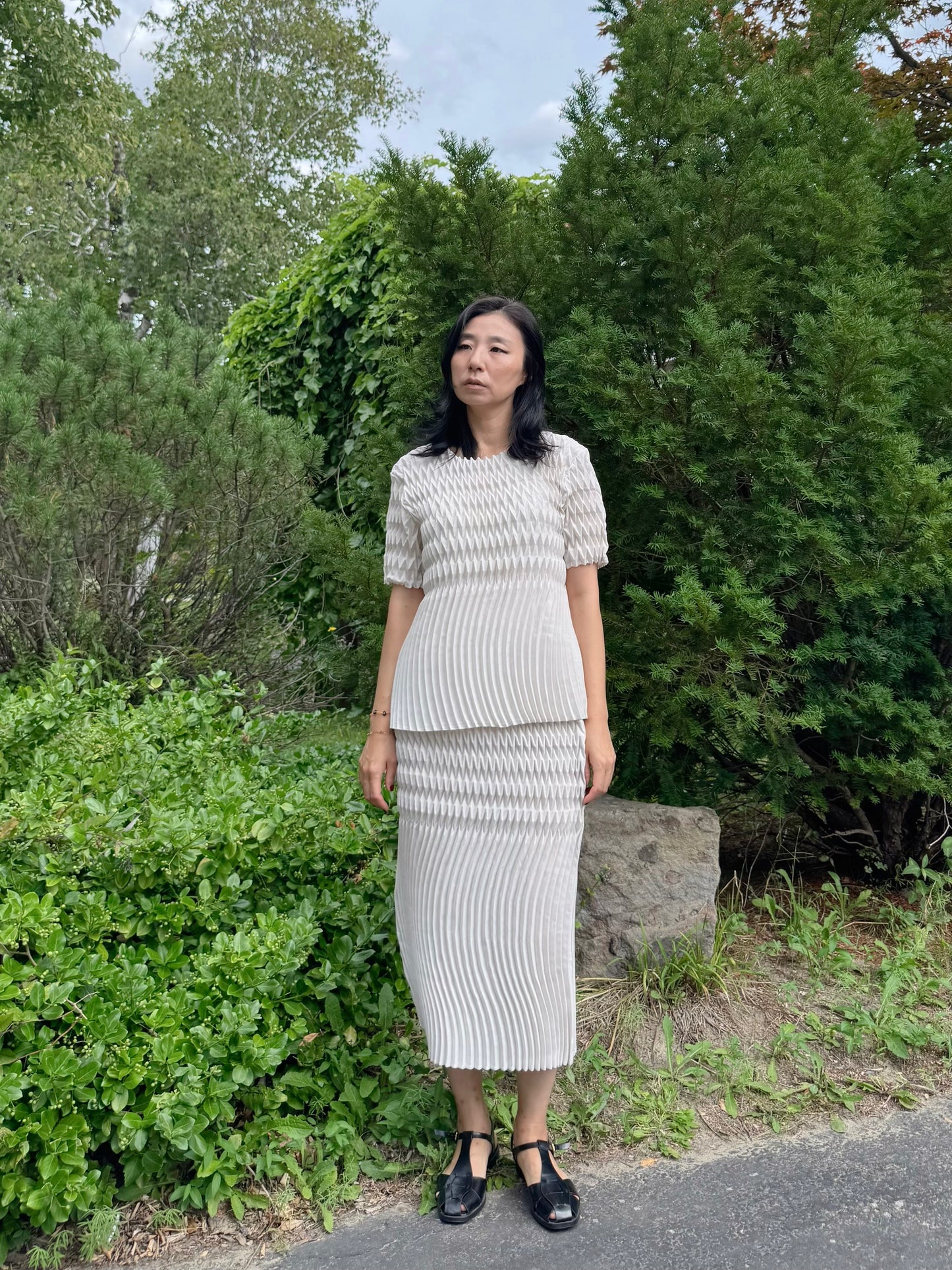 Pleated Texture Two-Piece Set(black,ivory)