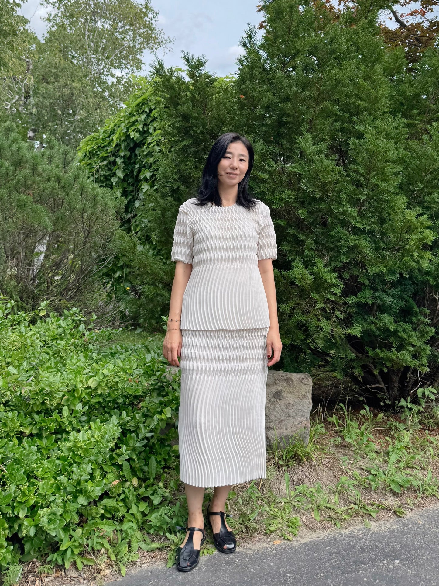Pleated Texture Two-Piece Set(black,ivory)