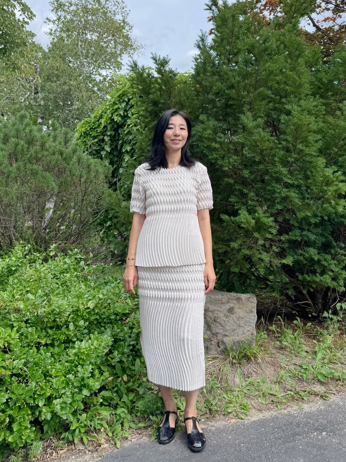 Pleated Texture Two-Piece Set(black,ivory)