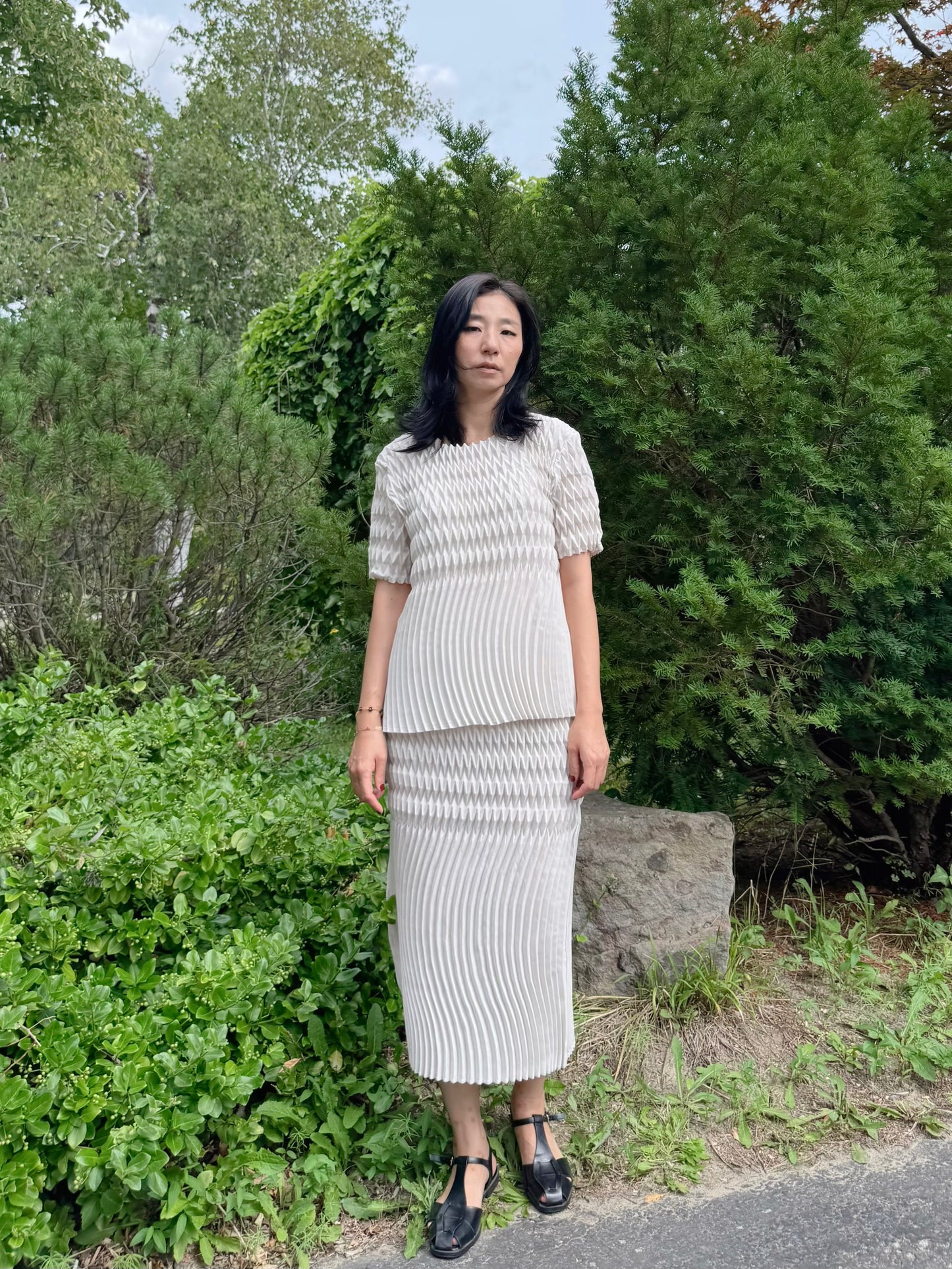 Pleated Texture Two-Piece Set(black,ivory)