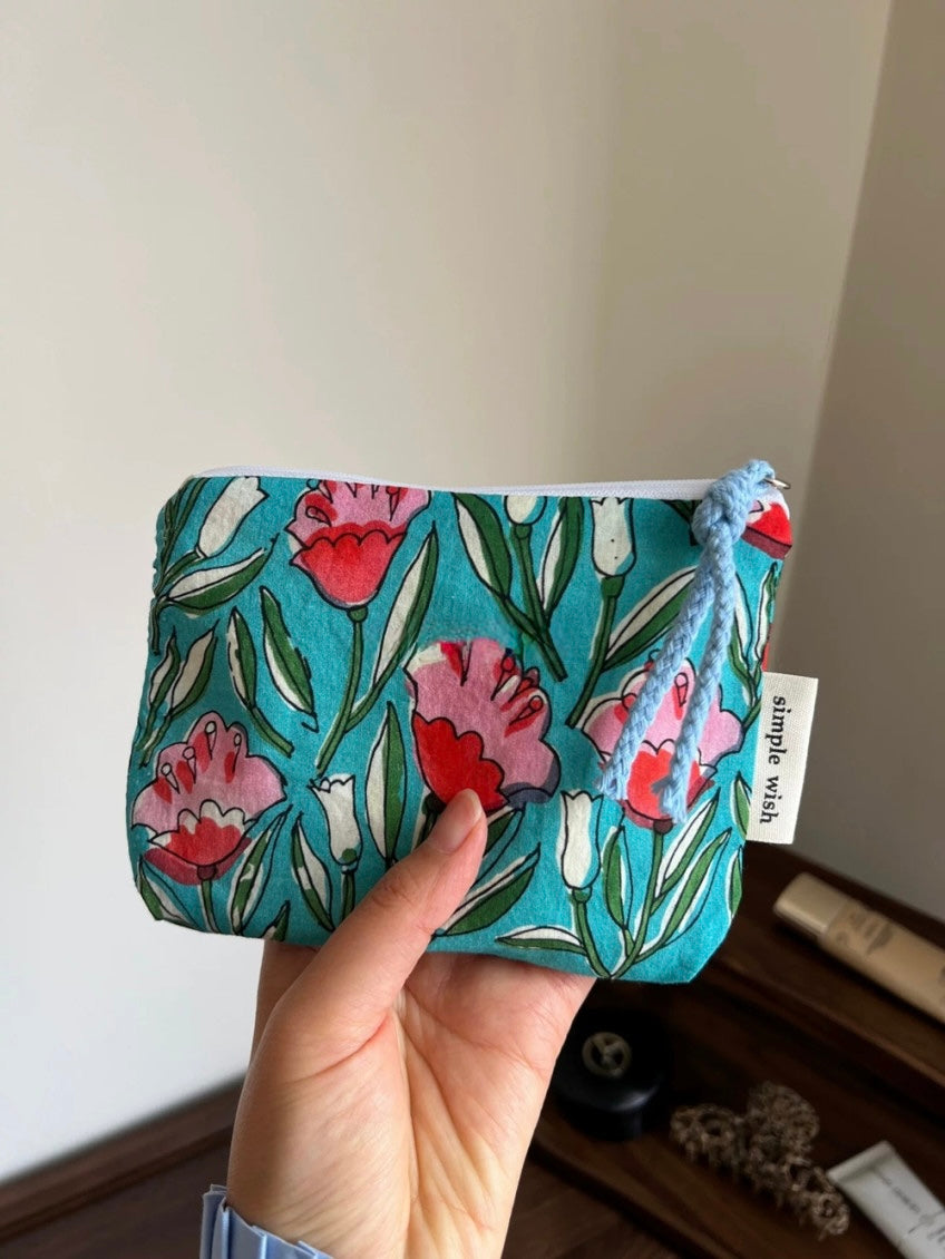 French Floral Fabric Pouch (Red,Blue,Navy, Gray)