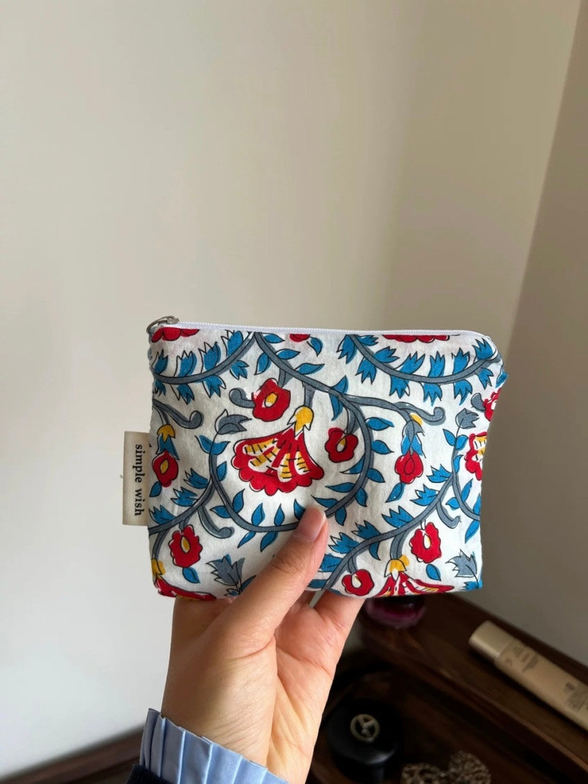 French Floral Fabric Pouch (Red,Blue,Navy, Gray)