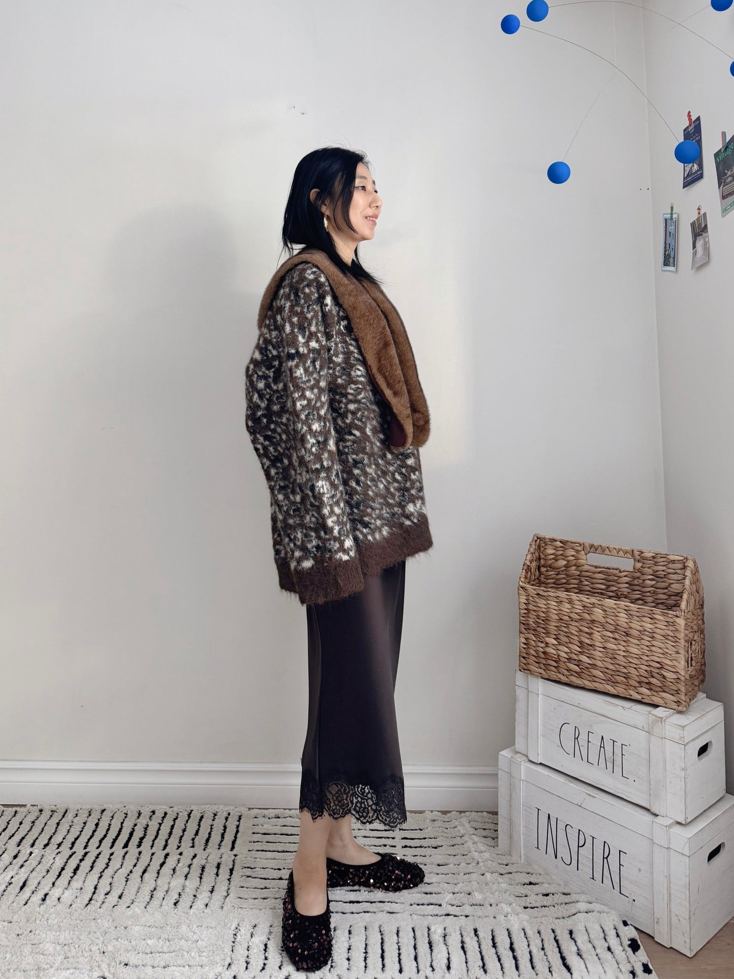 Oversized Leopard Print Cardigan (ivory , brown)