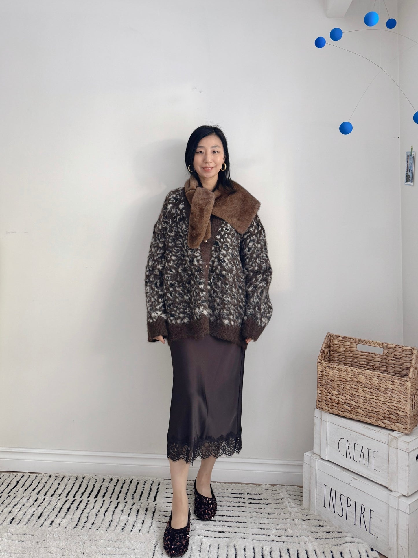 Oversized Leopard Print Cardigan (ivory , brown)