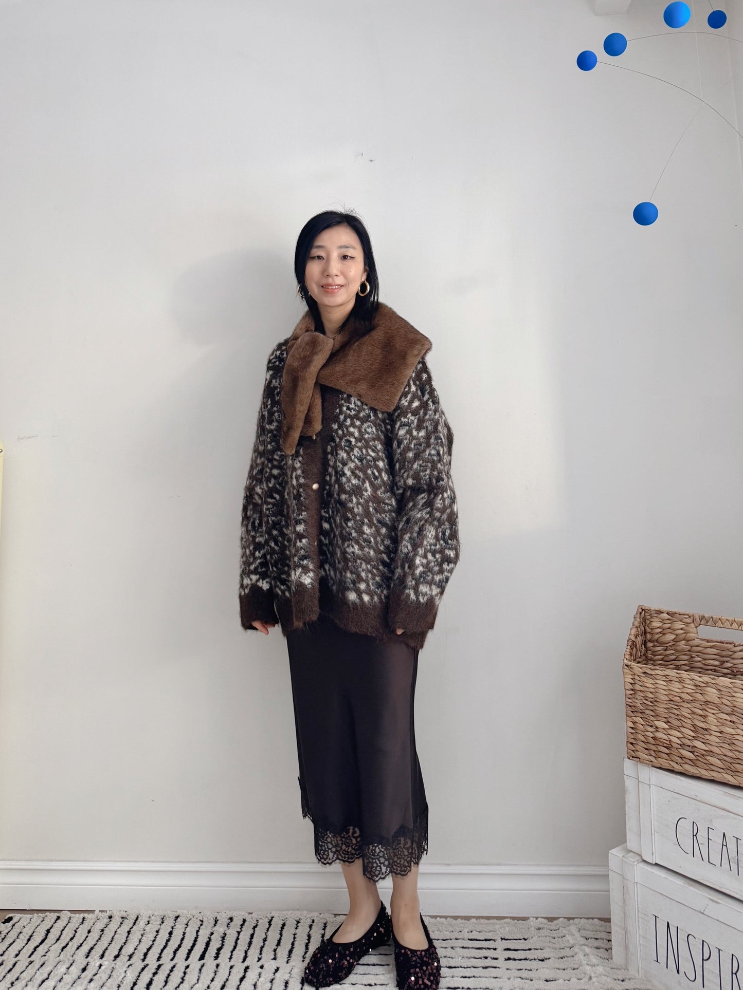 Oversized Leopard Print Cardigan (ivory , brown)