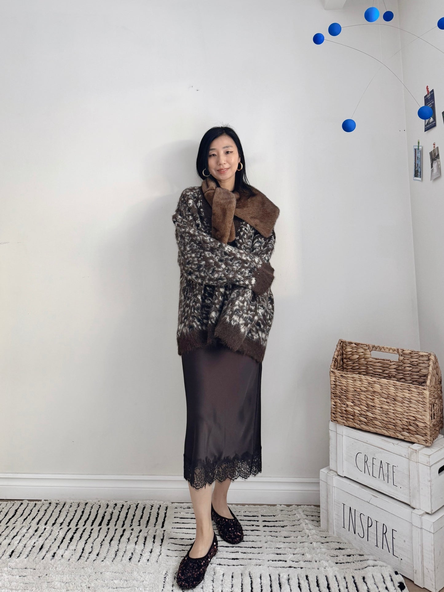 Mink shawl muffler (cream, brown, green)