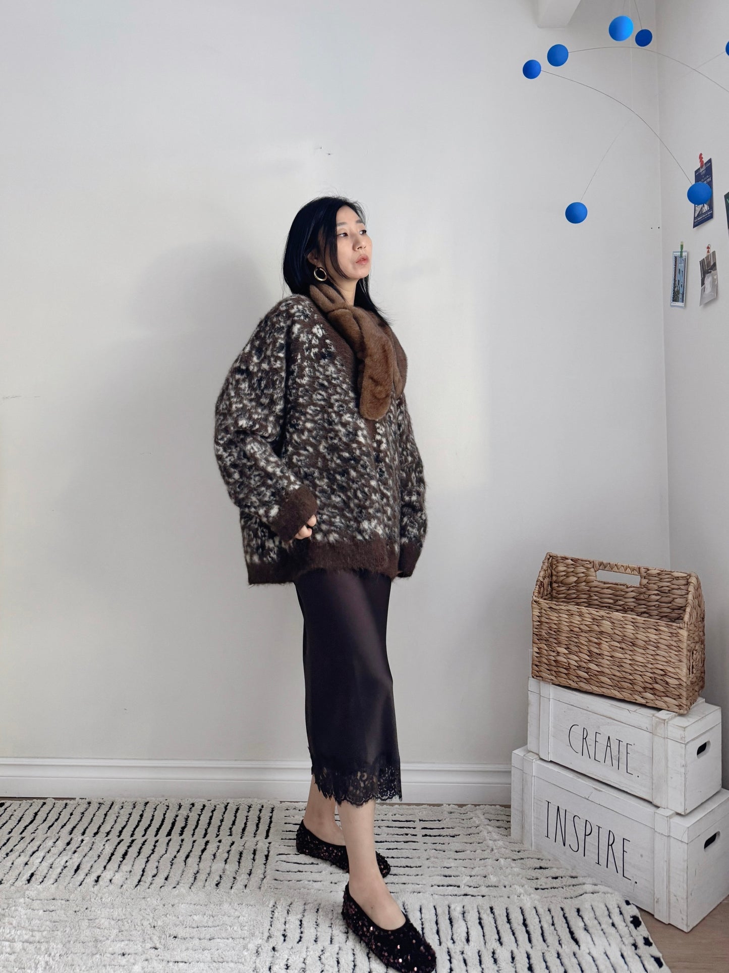 Oversized Leopard Print Cardigan (ivory , brown)