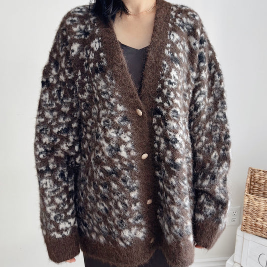 Oversized Leopard Print Cardigan (ivory , brown)