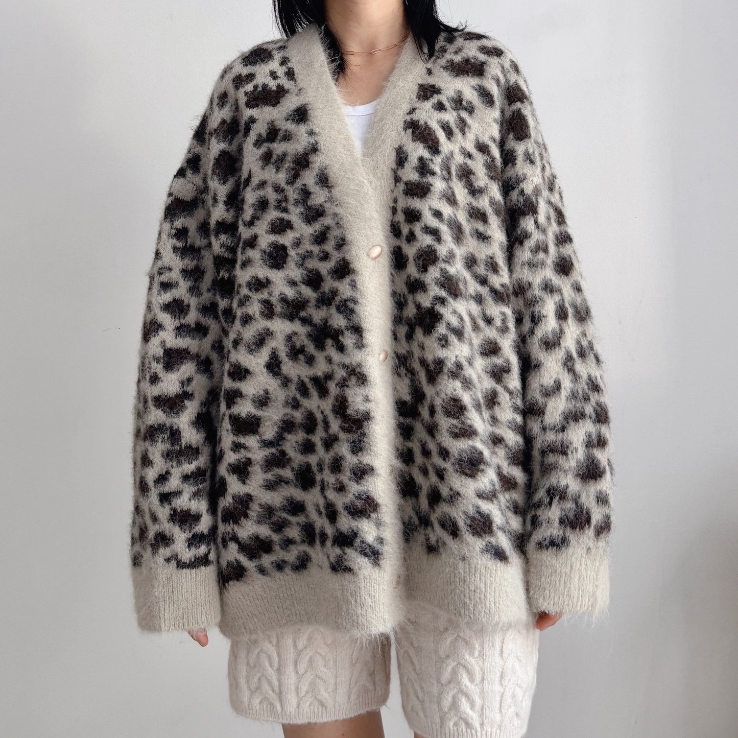Oversized Leopard Print Cardigan (ivory , brown)