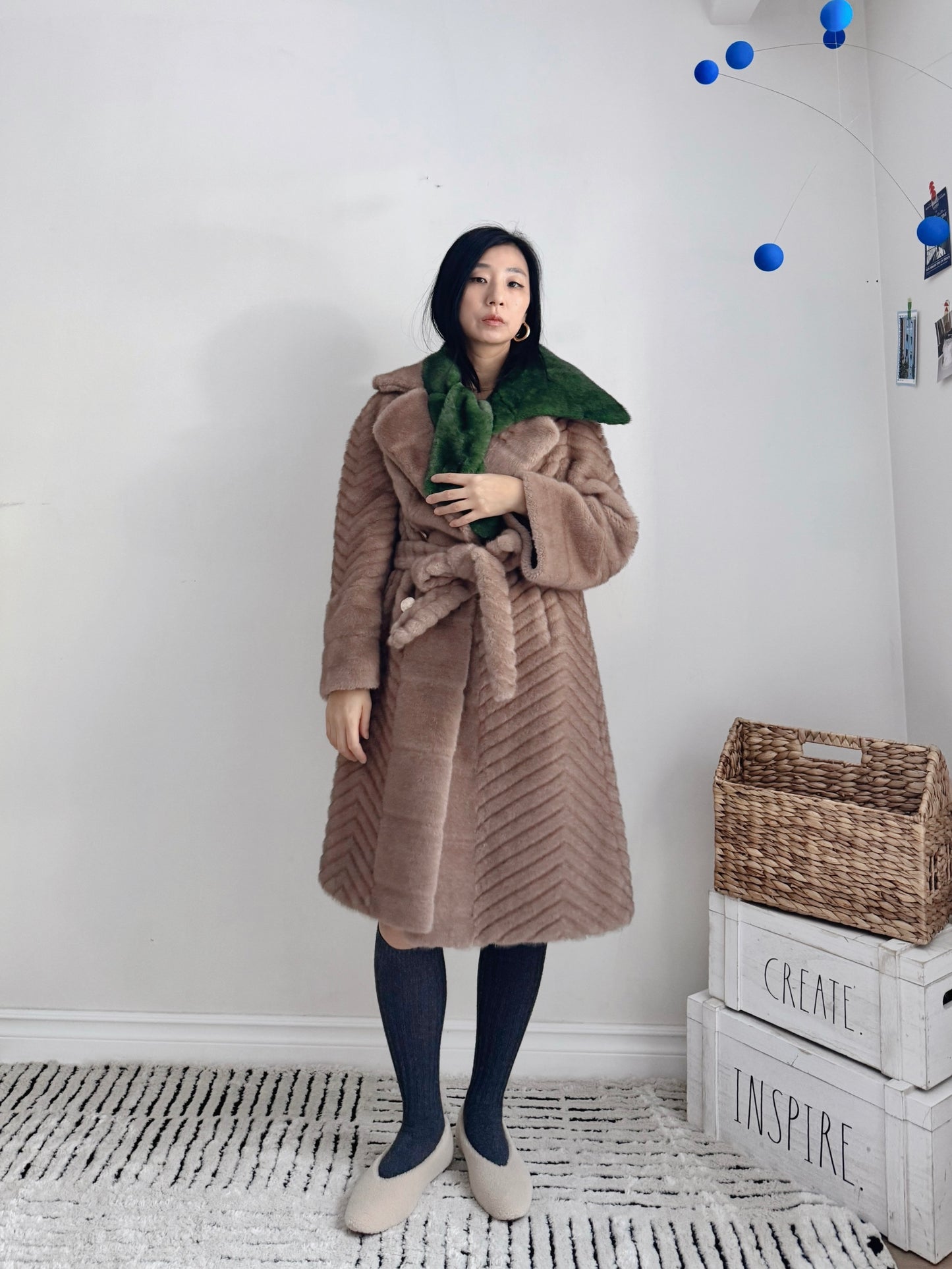 Mink shawl muffler (cream, brown, green)