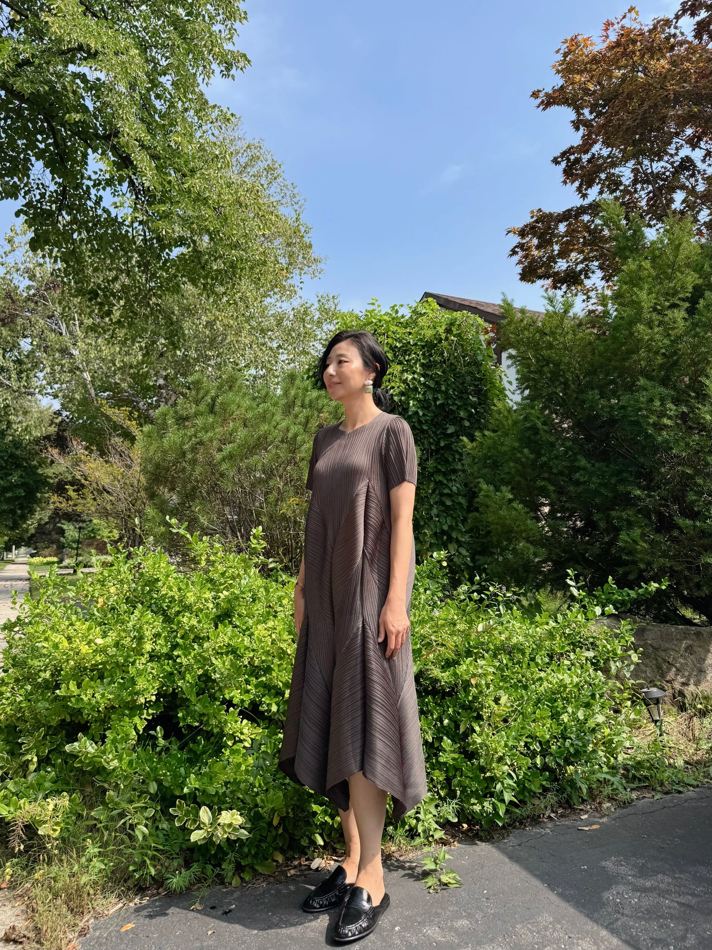 Pleated Short-Sleeve volume dress( ivory, black, brown)