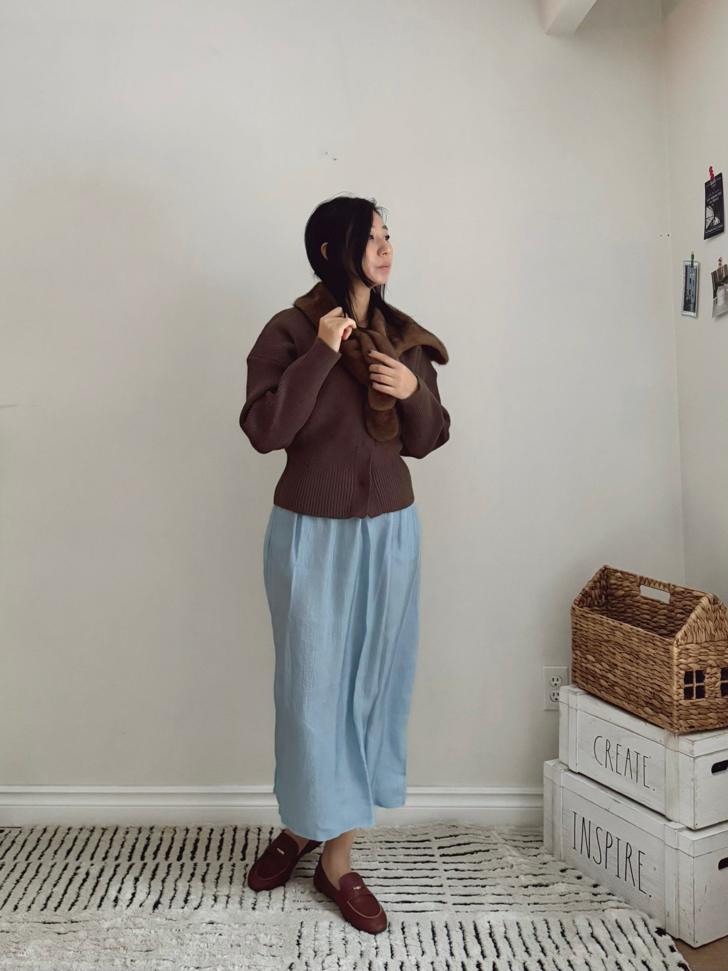 Glossy Banding Skirt (blue,brown,grey)