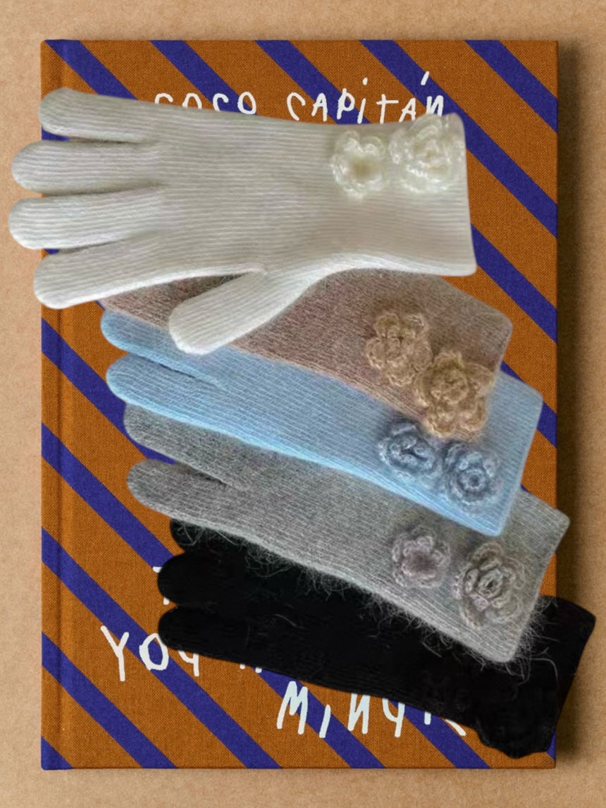Flower Angora Gloves  (white, gray, blue, beige, black)
