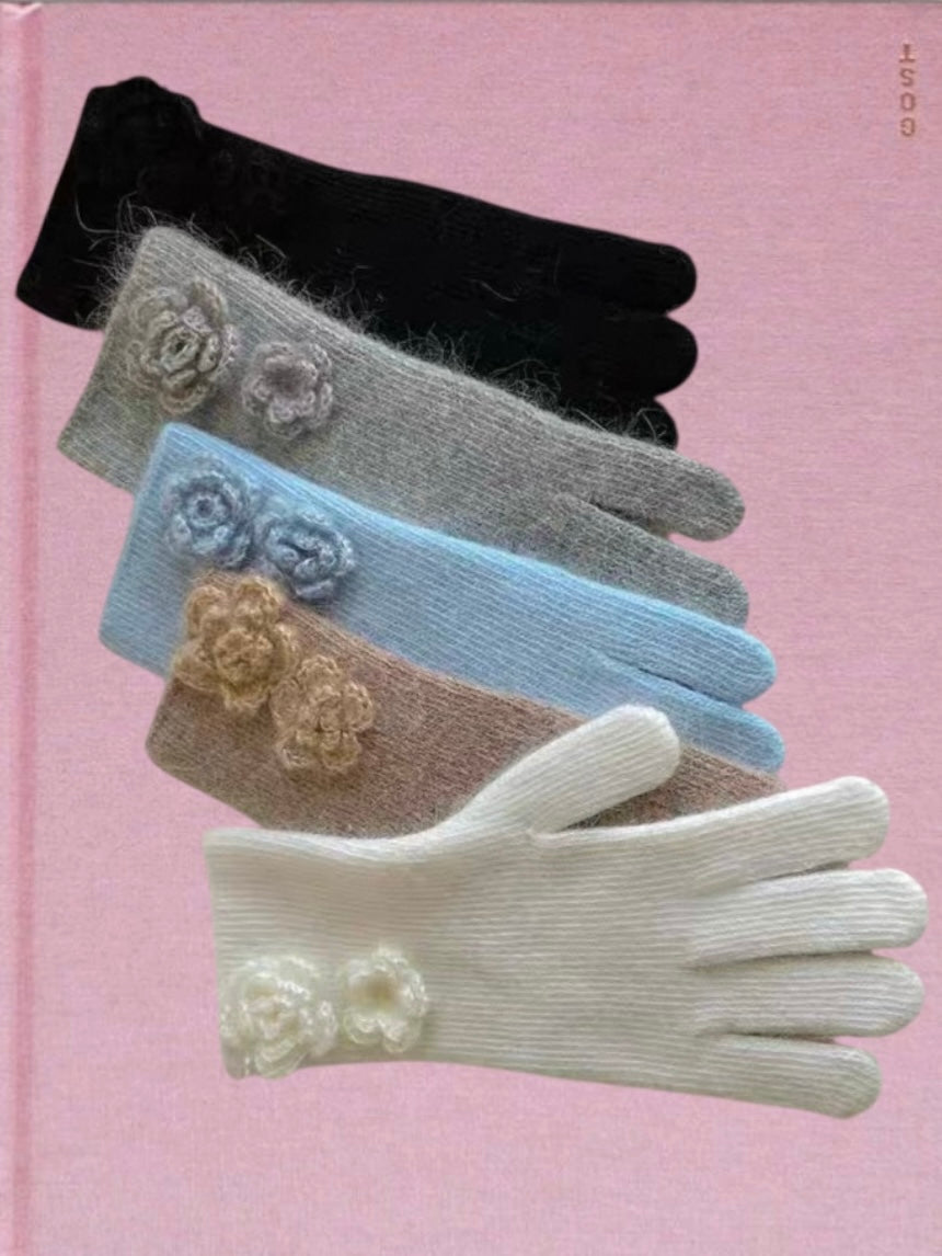 Flower Angora Gloves  (white, gray, blue, beige, black)