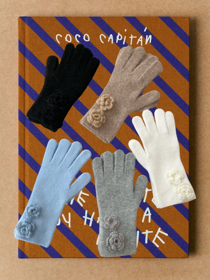 Flower Angora Gloves  (white, gray, blue, beige, black)