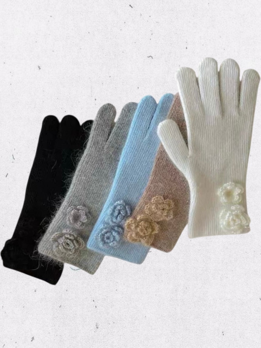 Flower Angora Gloves  (white, gray, blue, beige, black)
