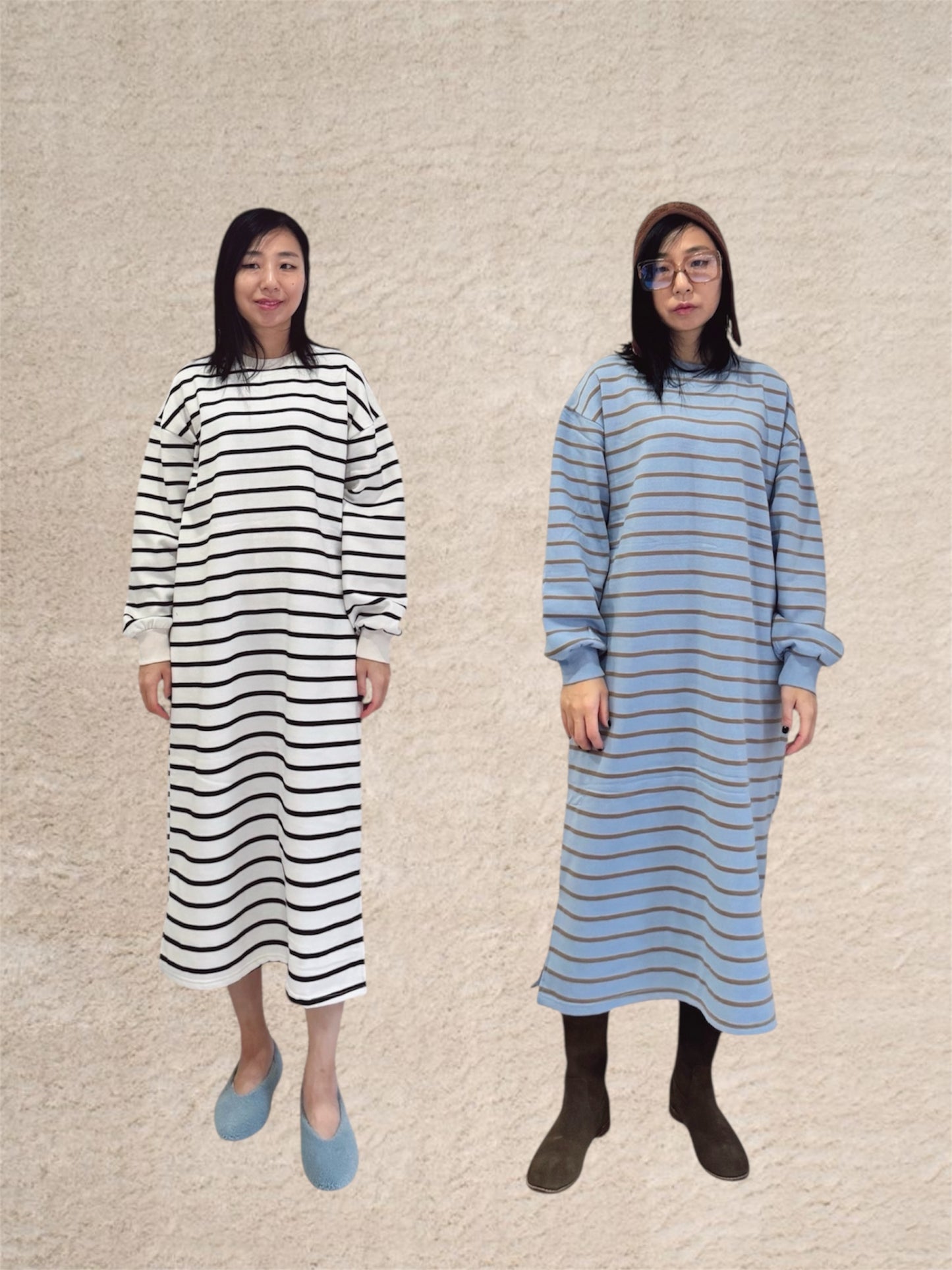 Striped long dress (ivory, blue)